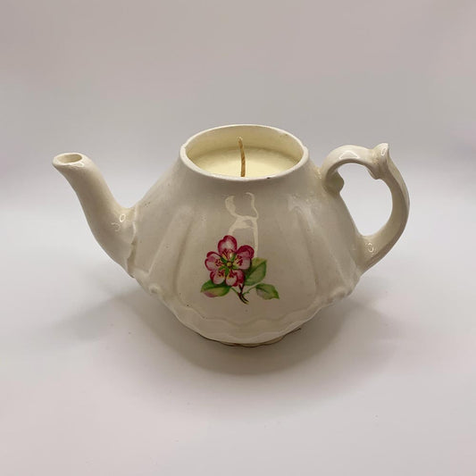 Pink Floral White Porcelain Vintage Teapot - Spiced Apple Chai Candle